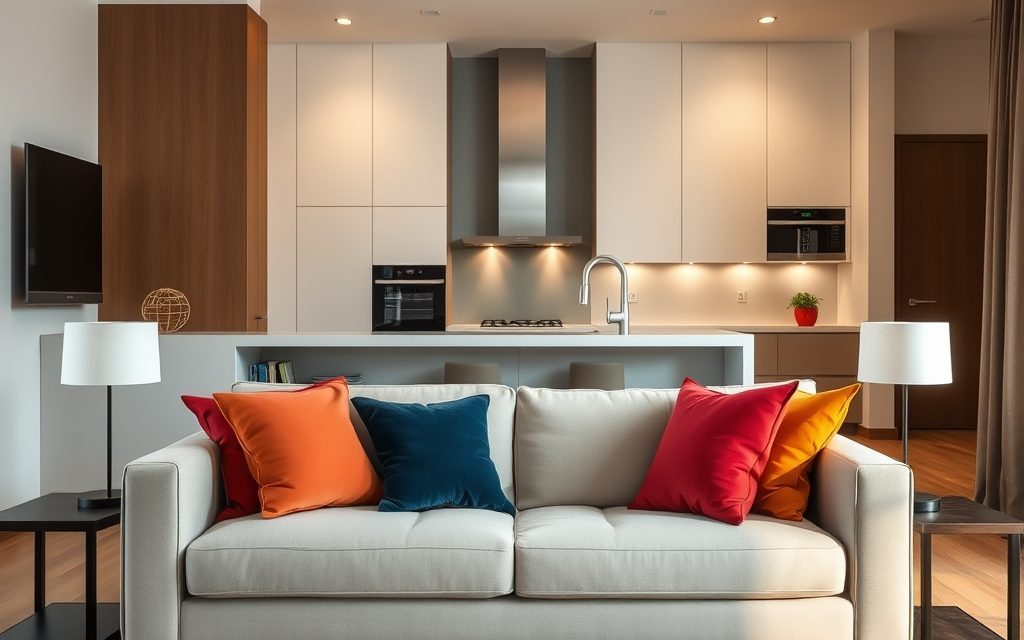 Sofa tyłem do kuchni jako praktyczny sposób na wyraźny podział stref w otwartym wnętrzu